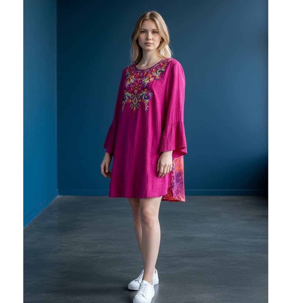 Caleaa Women's Pink Embroidered‎ Bell Sleeve Tunic Top Size L